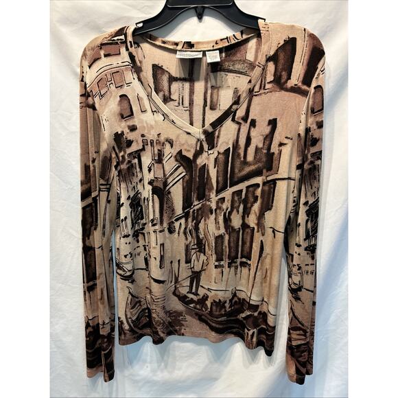 Chicos Travelers Shirt Womens Medium Slinky Liquid Knit Venice Print - Picture 1 of 10